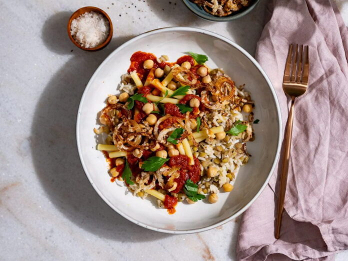 Koshari (Egyptian Lentils, Rice, and Pasta with Spiced Tomato Sauce)